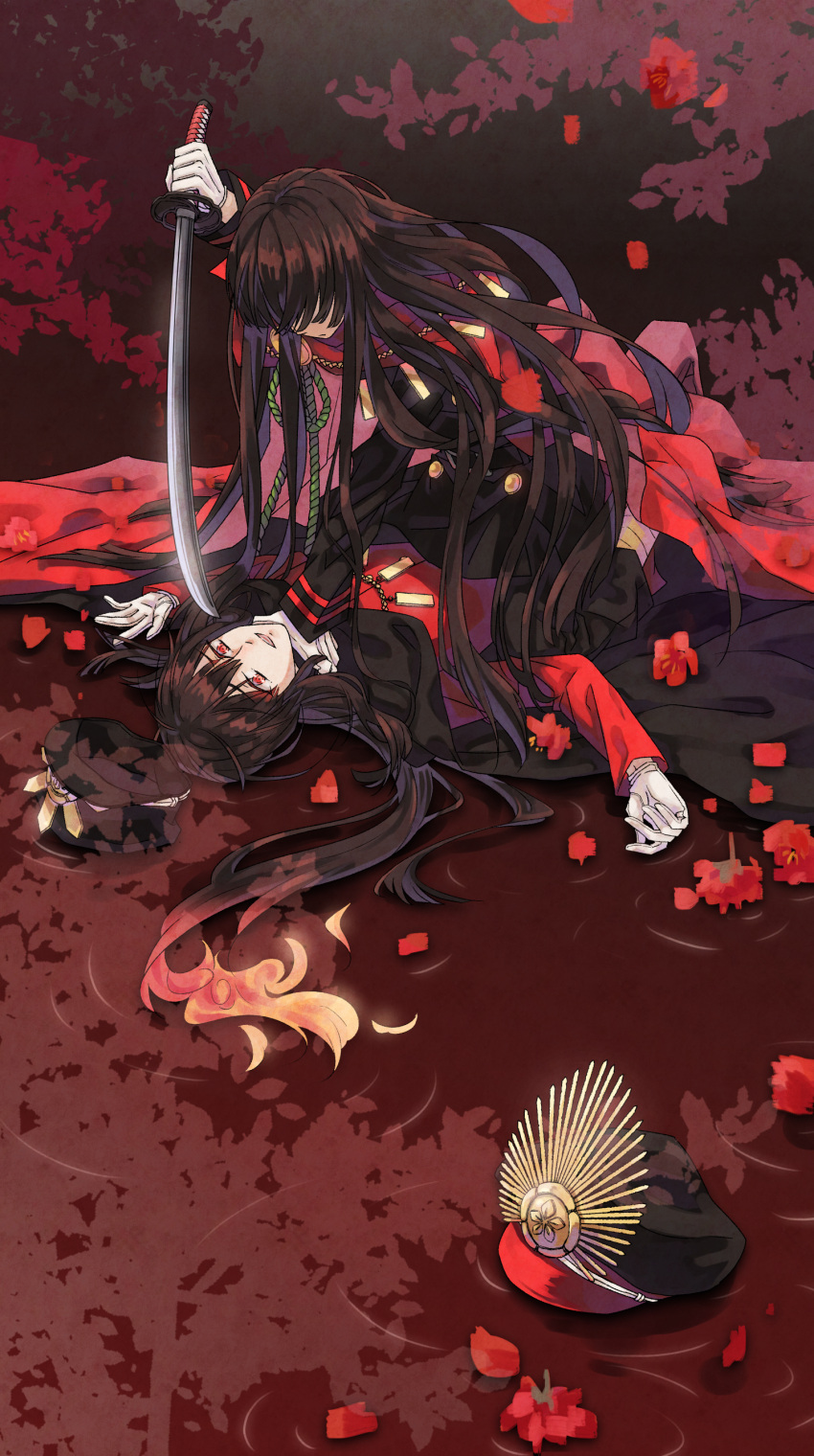 1boy, 1girl, absurdres, black_cape, black_hair, black_hat, black_jacket, black_pants