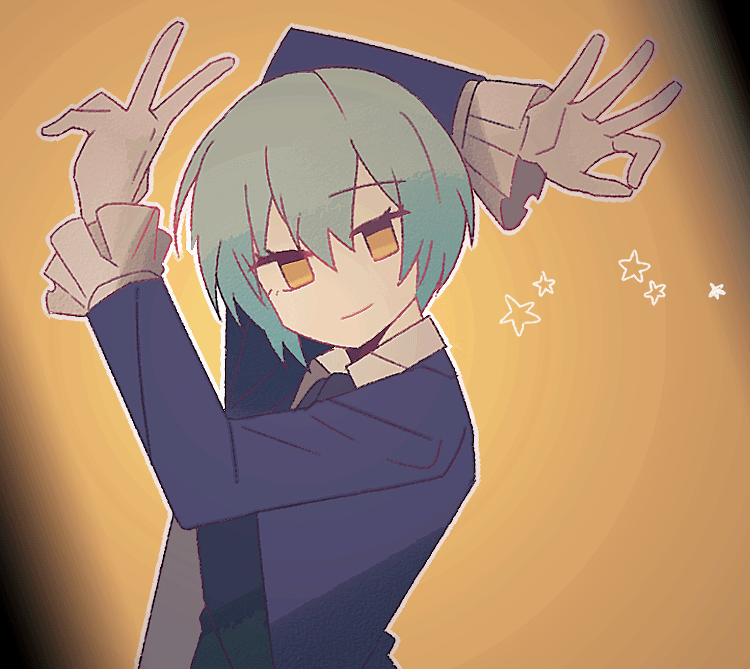 1girl, 20_(1more_surren), angela_(project_moon), arms_up, blue_coat, blue_hair, cheese_(cevio), closed_mouth, coat, frilled_sleeves, frills, gloves, library_of_ruina, looking_at_viewer, ok_sign, project_moon, short_hair, simple_background, smile, solo, upper_body, v, white_gloves, yellow_background, yellow_eyes