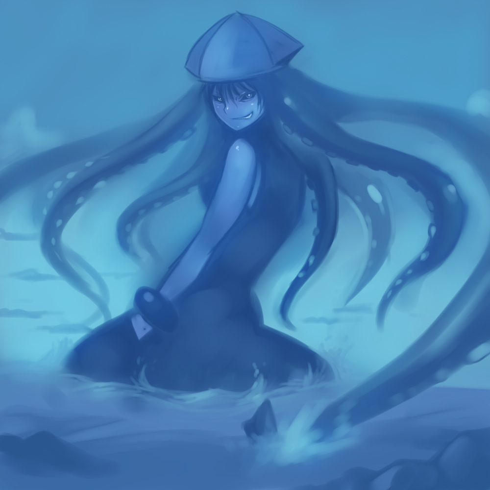 black_sclera, blue, bracelet, evil, giantess, grin, hat, ikamusume