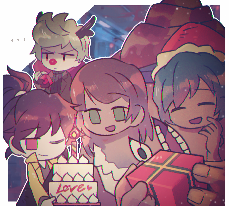 1boy, 1girl, 1other, 20_(1more_surren), black_shirt, blue_hair, brown_hair, cake