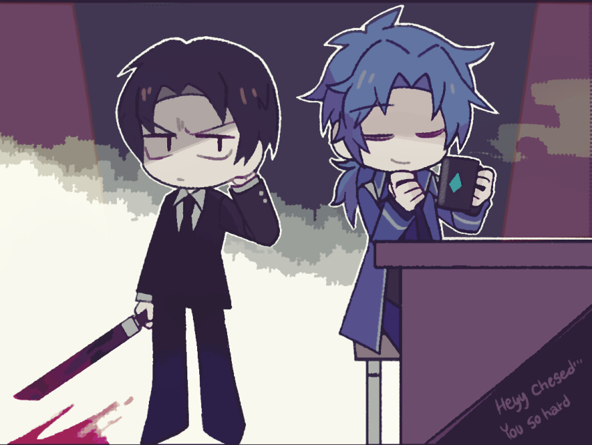 20_(1more_surren), 2boys, black_eyes, black_hair, black_jacket, black_necktie, black_pants, blood