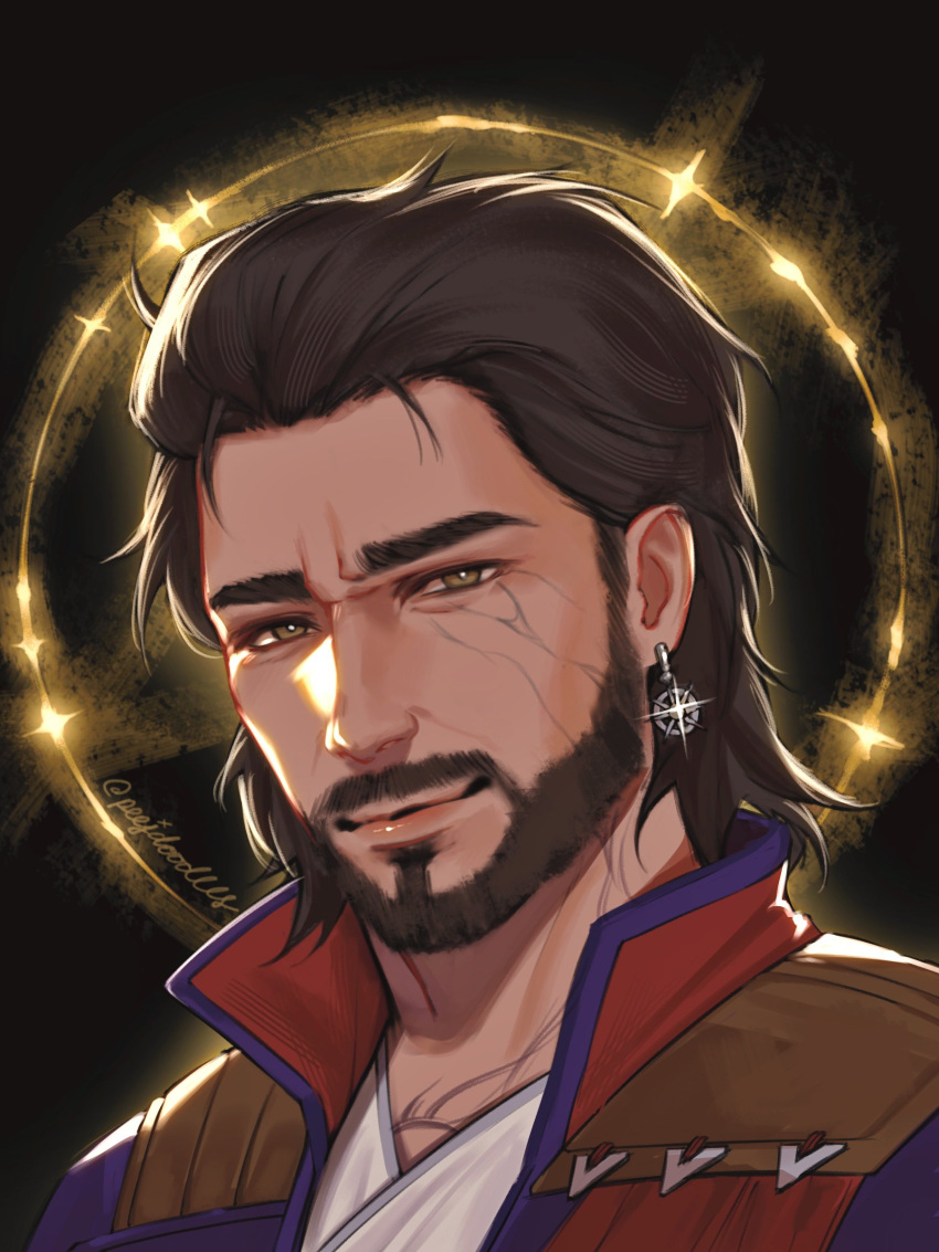 1boy, absurdres, artist_name, baldur's_gate, baldur's_gate_3, beard, black_background, brown_eyes