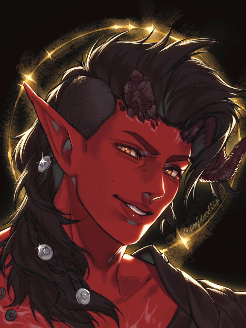 1girl, absurdres, artist_name, baldur's_gate, baldur's_gate_3, black_background, black_hair, broken_horn, colored_skin, curled_horns, dungeons_&amp;_dragons, halo, highres, horns, karlach, looking_at_viewer, orange_eyes, peejdoodles, pointy_ears, portrait, red_skin, solo, tiefling, traditional_halo