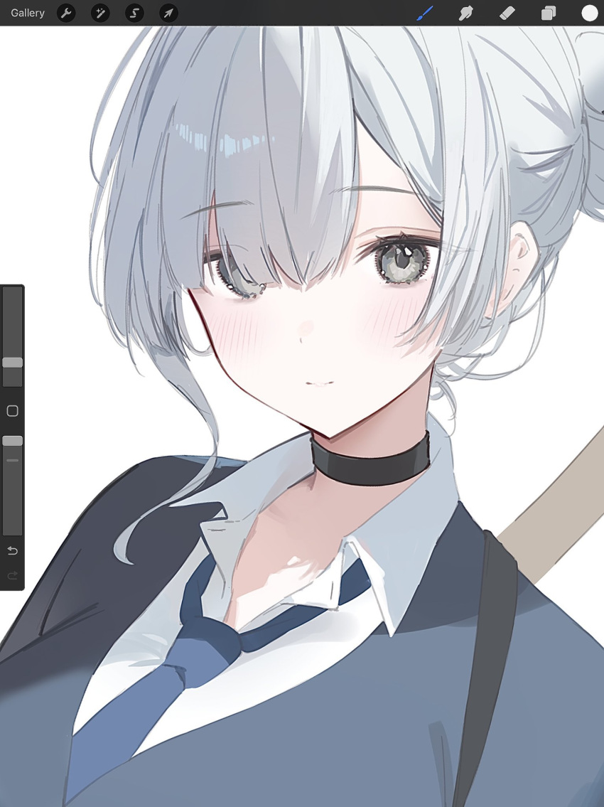 1girl, art_program_in_frame, black_choker, blue_cardigan, blue_necktie, blush, cardigan, choker