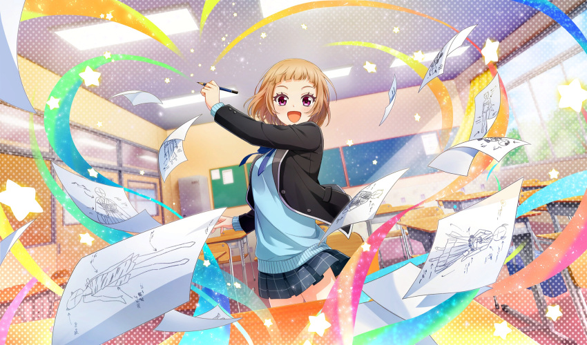 1girl, :d, amakusa_kotone, aqua_cardigan, arched_bangs, black_jacket, blue_ribbon, brown_hair