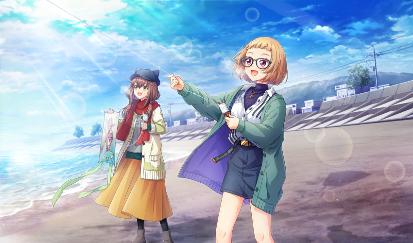 2girls, :d, amakusa_kotone, arched_bangs, beach, belt, black-framed_eyewear, black_belt