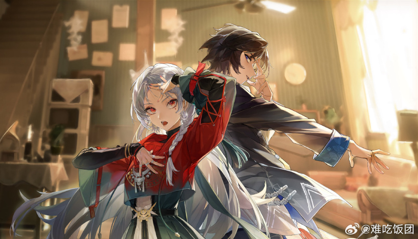 1boy, 1girl, back-to-back, black_hair, black_jacket, blue_eyes, blurry, blurry_background