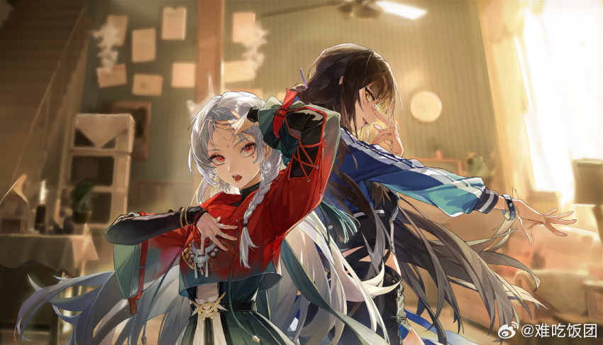 2girls, back-to-back, black_hair, black_shirt, black_shorts, blue_jacket, blurry, blurry_background