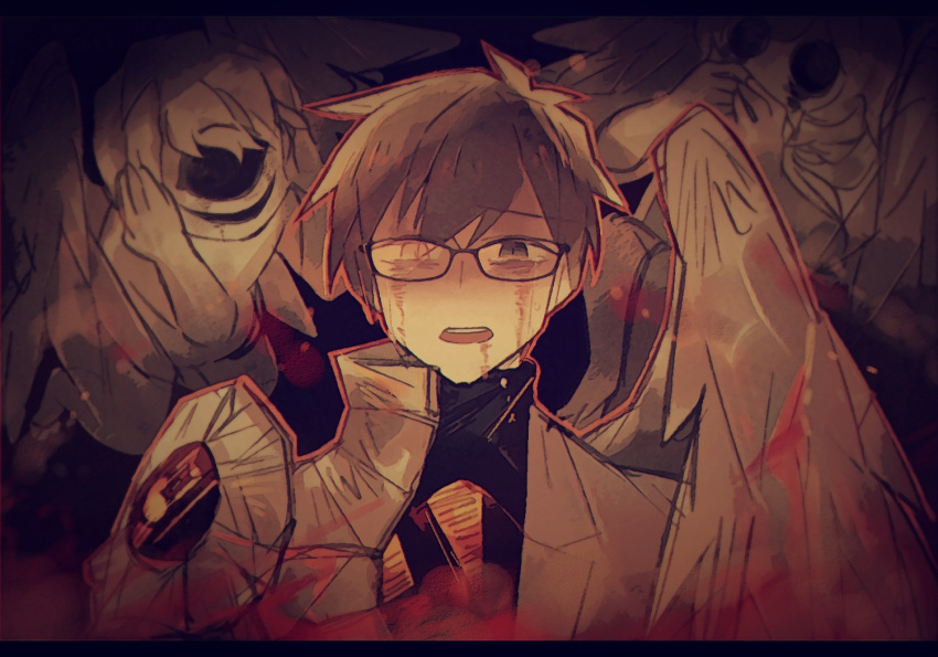 1boy, 20_(1more_surren), 2others, armor, black_shirt, brown_eyes, brown_hair, covering_own_ears, covering_own_mouth, crying, e.g.o_(project_moon), glasses, grey_jacket, jacket, lapels, library_of_ruina, looking_at_viewer, multiple_others, notched_lapels, open_mouth, pauldrons, philip_(project_moon), project_moon, shirt, shoulder_armor, the_crying_children_(project_moon), turtleneck, turtleneck_shirt, waxen_pinion_(e.g.o)