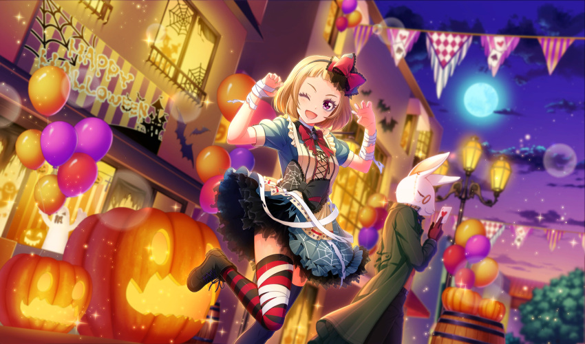 1girl, 1other, ;d, ace_(playing_card), ace_of_hearts, amakusa_kotone, arched_bangs, asymmetrical_legwear