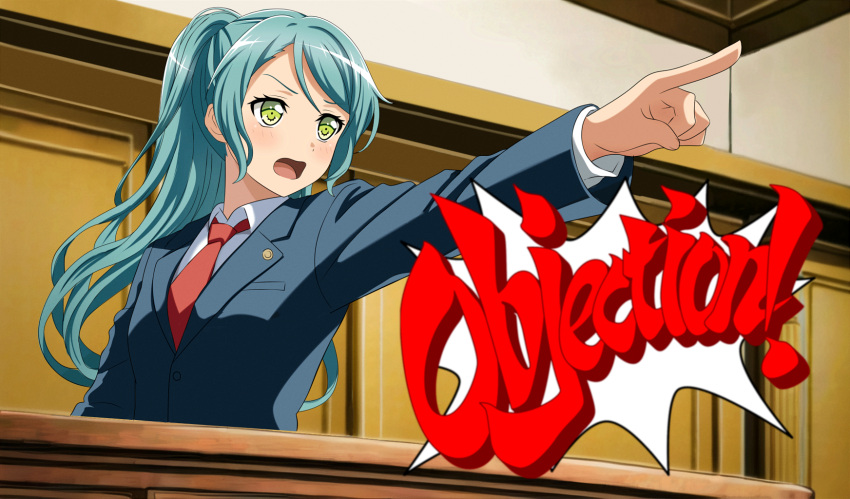 1girl, ace_attorney, aqua_hair, bang_dream!, blue_jacket, buttons, collared_shirt, commentary, cosplay, courtroom, english_commentary, english_text, fries_vanquisher, green_eyes, highres, hikawa_sayo, indoors, jacket, lapel_pin, long_hair, necktie, objection, open_mouth, outstretched_arm, parody, phoenix_wright, phoenix_wright_(cosplay), pointing, ponytail, red_necktie, shirt, solo, table, upper_body, white_shirt