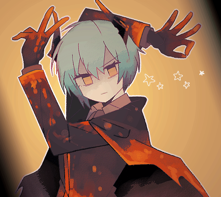 1girl, 20_(1more_surren), 4th_match_flame_(e.g.o), angela_(project_moon), arms_up, black_cape, black_coat, black_gloves, black_horns, blue_hair, cape, cheese_(cevio), closed_mouth, coat, e.g.o_(project_moon), flame_print, frown, gloves, horns, library_of_ruina, looking_at_viewer, ok_sign, project_moon, short_hair, simple_background, solo, star_(symbol), upper_body, v, yellow_background, yellow_eyes