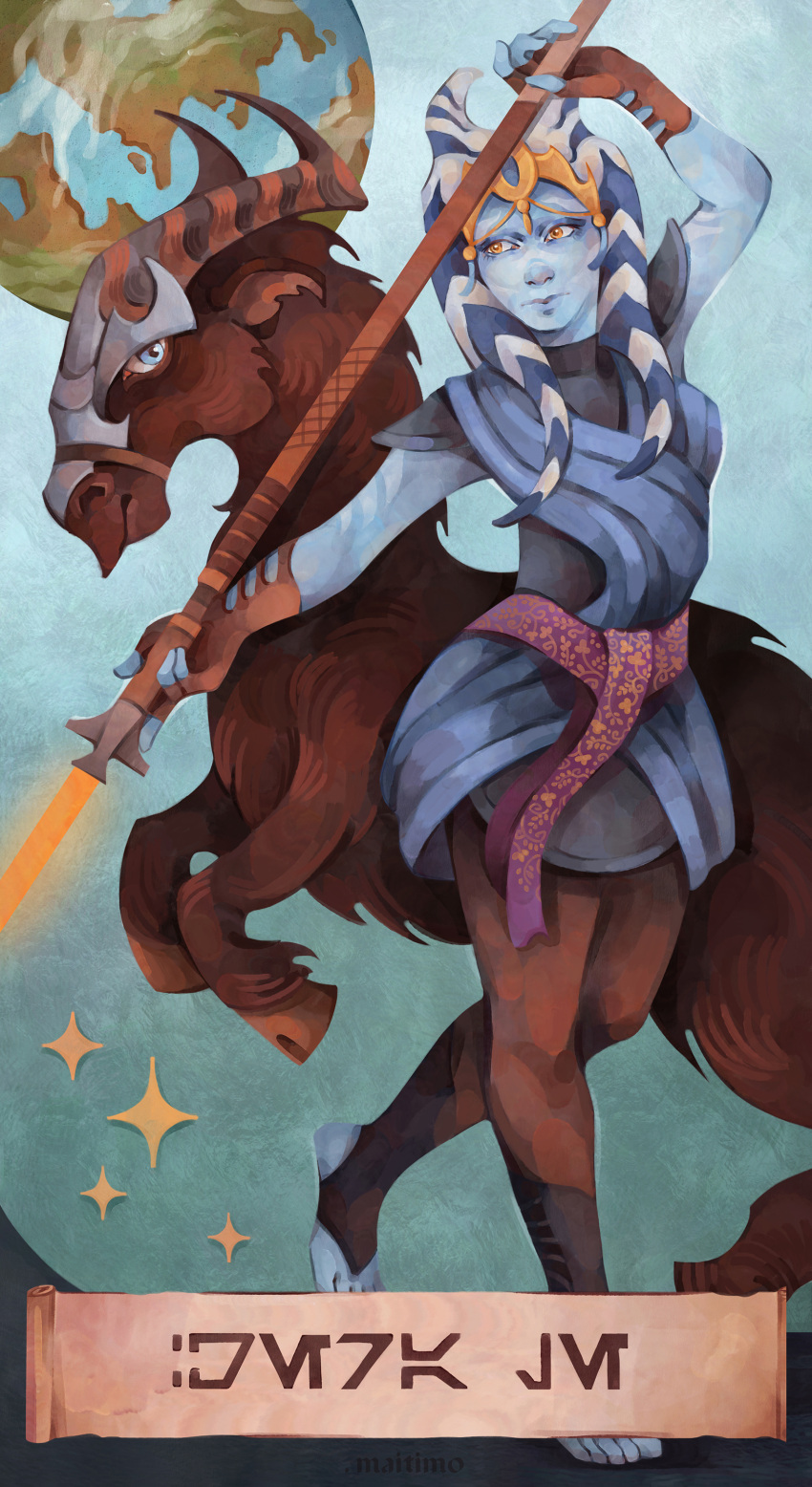1girl, absurdres, alien, aurebesh, blue_skin, brown_eyes, brown_gloves, brown_pants