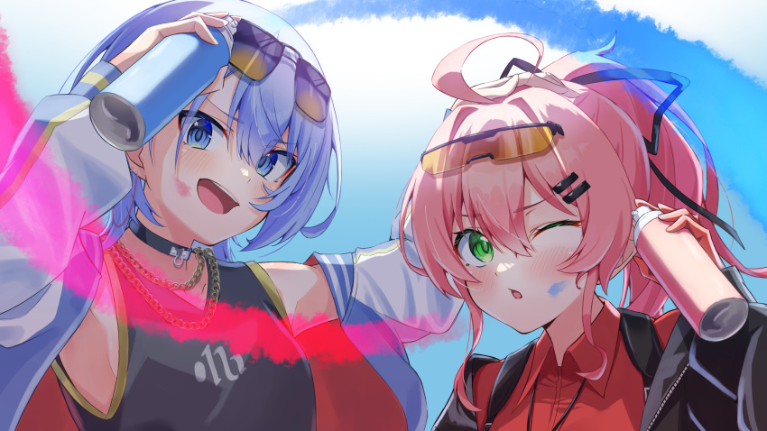 ahoge, blue_eyes, blue_hair, green_eyes, highres, hololive, hoshimachi_suisei, kamkampan, micomet_(hololive), pink_hair, sakura_miko, spray_can, star_(symbol), star_in_eye, sunglasses, symbol_in_eye, virtual_youtuber