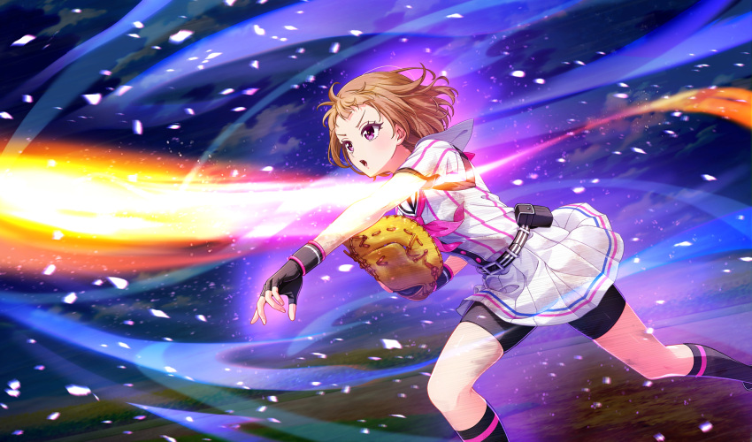 1girl, amakusa_kotone, arched_bangs, attack_trail, aura, baseball, baseball_field, baseball_mitt