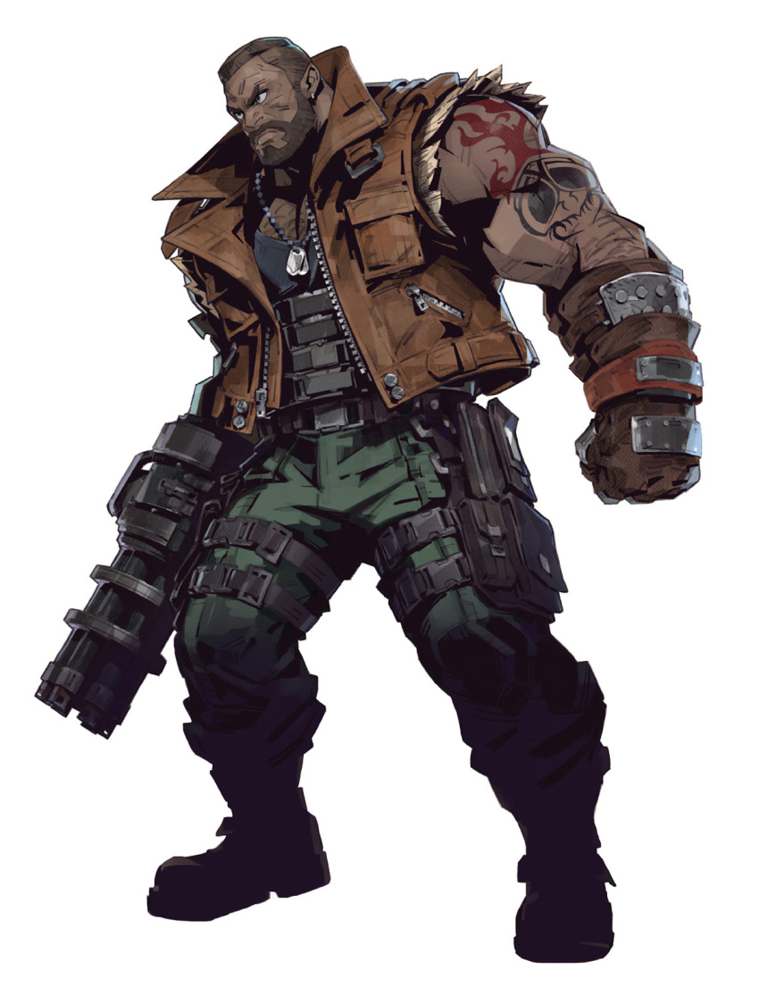 1boy, barret_wallace, belt, black_belt, black_eyes, black_shirt, boots, brown_gloves