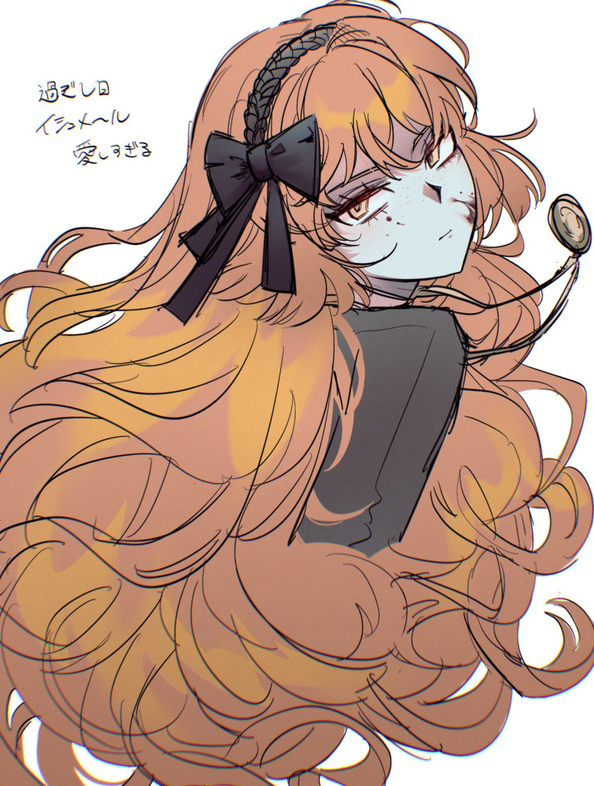 1girl, akenotoi, black_bow, black_jacket, blood, blood_on_face, bow, bygone_days_(e.g.o), e.g.o_(project_moon), freckles, hair_bow, hairband, highres, ishmael_(project_moon), jacket, jewelry, limbus_company, locket, long_hair, looking_at_viewer, necklace, orange_hair, pendant, project_moon, rope, sidelocks, simple_background, solo, very_long_hair, white_background