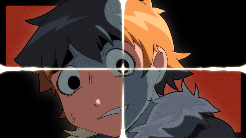 2boys, black_eyes, border, clenched_teeth, colored_skin, commentary, contrast, dark_persona