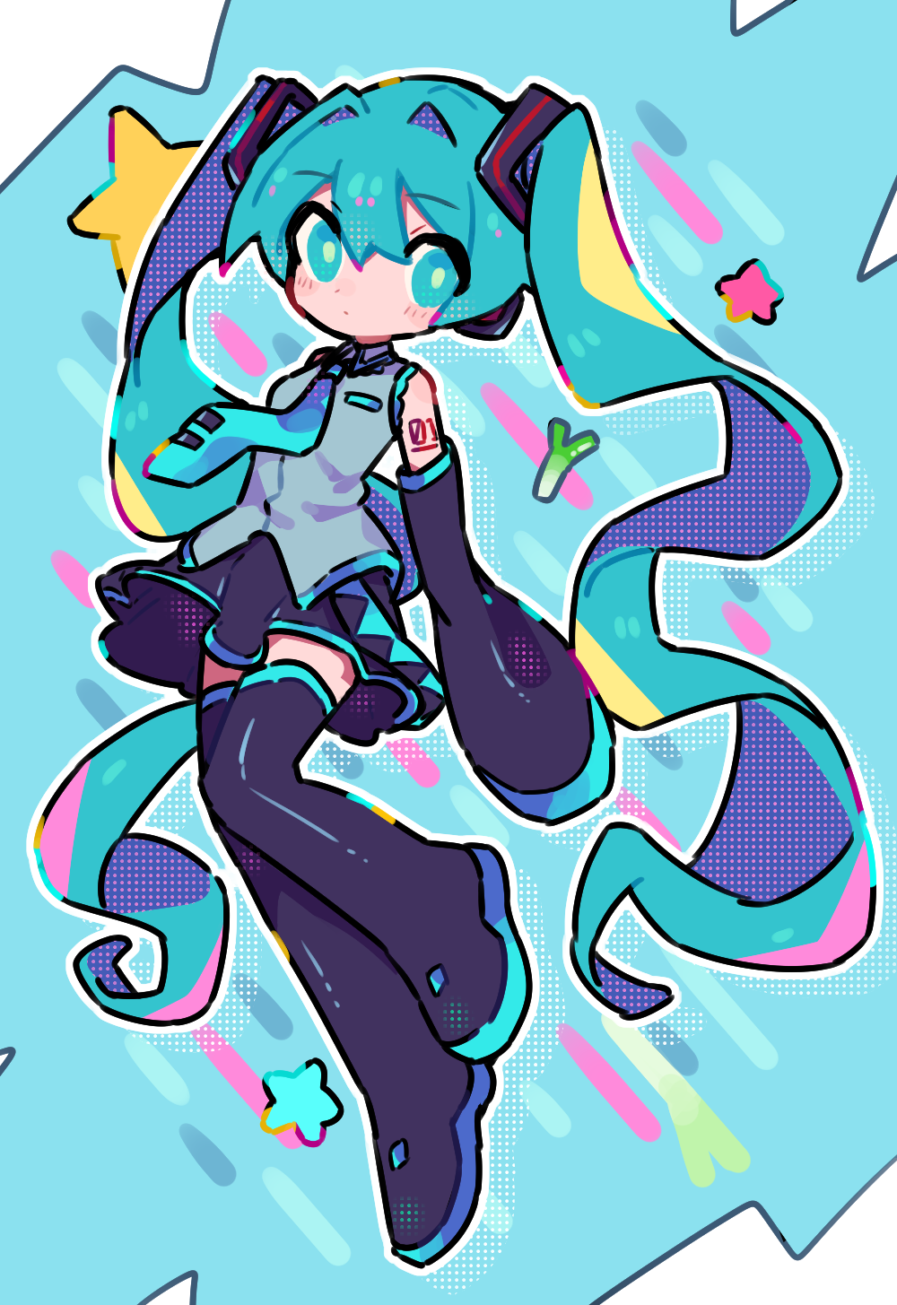 1girl, aqua_background, aqua_eyes, aqua_hair, aqua_necktie, arm_tattoo, black_footwear, black_skirt