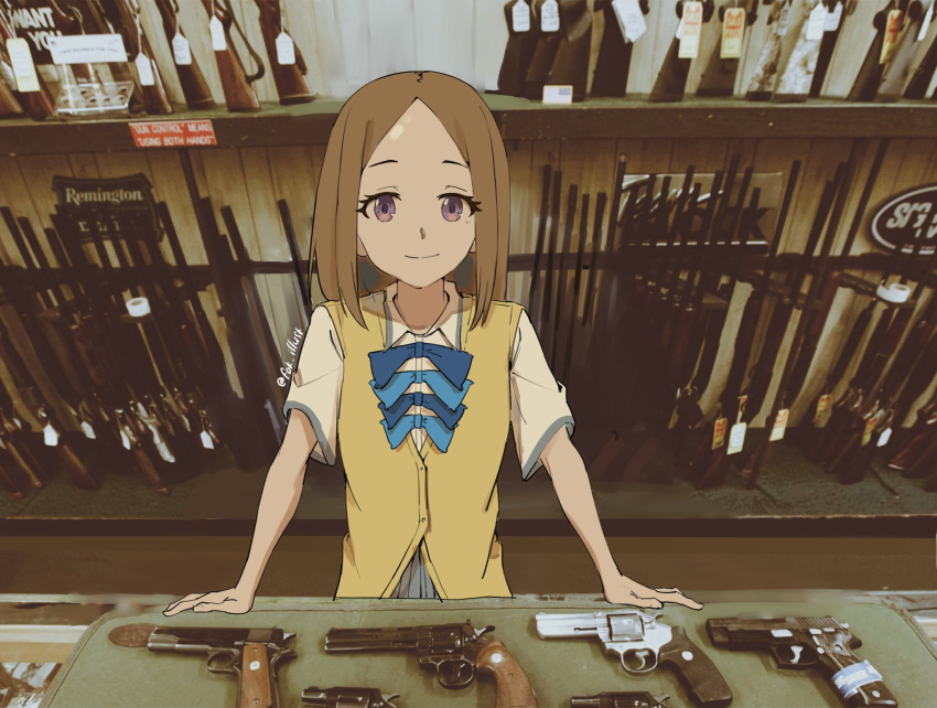 1girl, artist_name, asagumo_chihaya, blue_bow, blue_bowtie, bow, bowtie, brown_hair