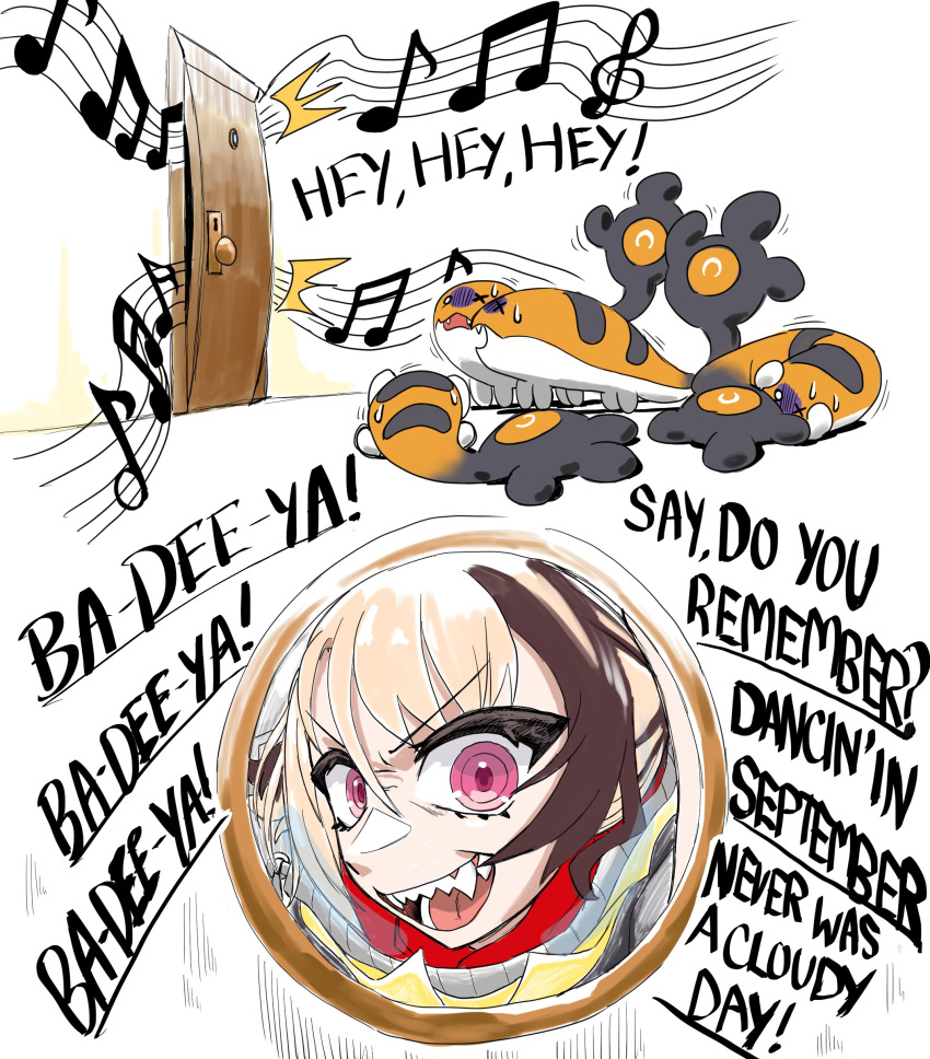 1girl, :d, absurdres, beamed_eighth_notes, beamed_sixteenth_notes, brown_hair, commentary, door