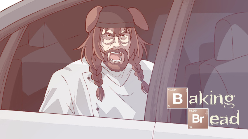1girl, animal_ears, beard, black_hat, braid, breaking_bad, brown_hair, car