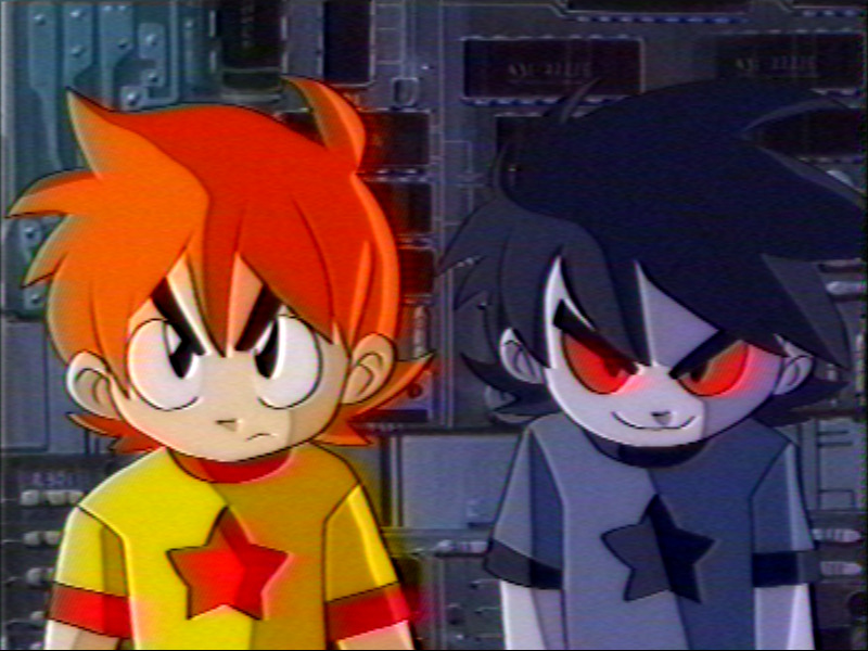 1990s_(style), 2boys, ahoge, black_eyes, colored_skin, commentary, dark_persona, dual_persona, english_commentary, glowing, glowing_eyes, grey_hair, grey_skin, looking_at_viewer, male_focus, multiple_boys, nega_scott, orange_hair, parody, red_eyes, reimidy, retro_artstyle, scott_pilgrim, scott_pilgrim_(series), shirt, short_hair, short_sleeves, sonic_(series), sonic_the_hedgehog_(ova), star_(symbol), star_print, style_parody, upper_body, vhs_artifacts, yellow_shirt