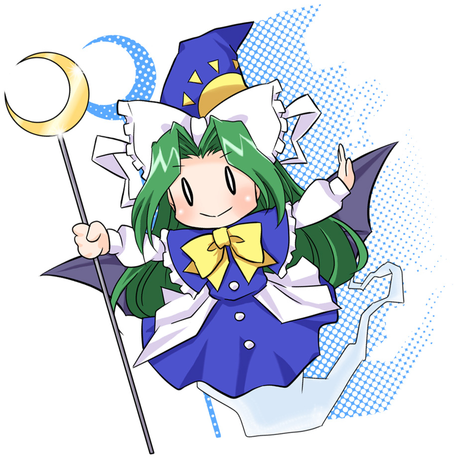bat_wings, chibi, crescent, ghost, ghost_tail, green_hair, hat, kairakuen_umenoka, mima, outstretched_arms, ribbon, solo, spread_arms, staff, touhou, touhou_(pc-98), wings, wizard_hat