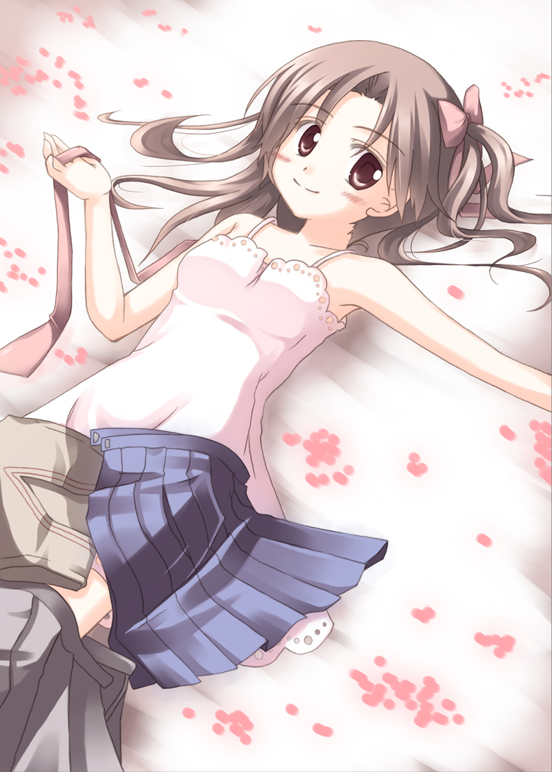 1girl, blush, brown_hair, clothes_removed, happy, hourai_susugu, lingerie, long_hair, lying, negligee, open_eyes, school_uniform, shirai_kuroko, skirt_removed, slip, smile, solo, sweater_vest, to_aru_kagaku_no_railgun, to_aru_majutsu_no_index, twintails, underwear, undressed