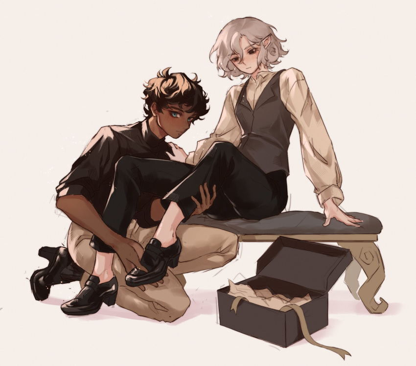 2boys, absurdres, bags_under_eyes, black_eyes, black_footwear, black_hair, blue_eyes, blush