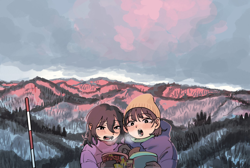 2girls, beanie, black_eyes, black_hair, breath, clouds, cloudy_sky, fujino_(look_back)