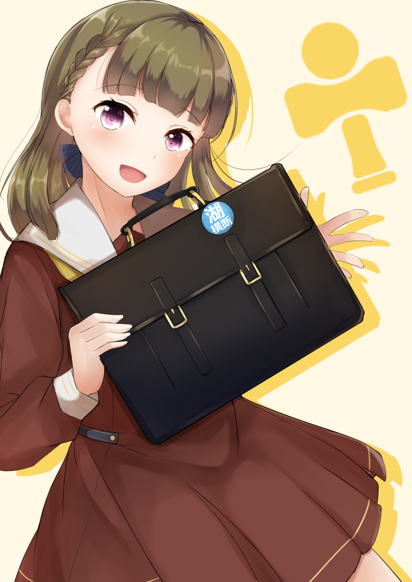 1girl, badge, blush, braid, briefcase, brown_dress, brown_hair, button_badge