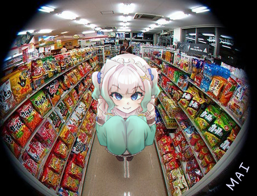 1girl, artist_name, blue_eyes, camera_feed, closed_mouth, commentary, convenience_store, detached_sleeves