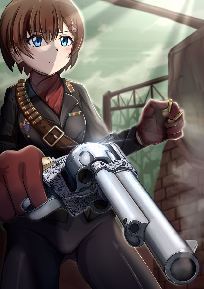 blue_eyes, brown_hair, colt_single_action_army, green_sky, gun, handgun, highres, holding