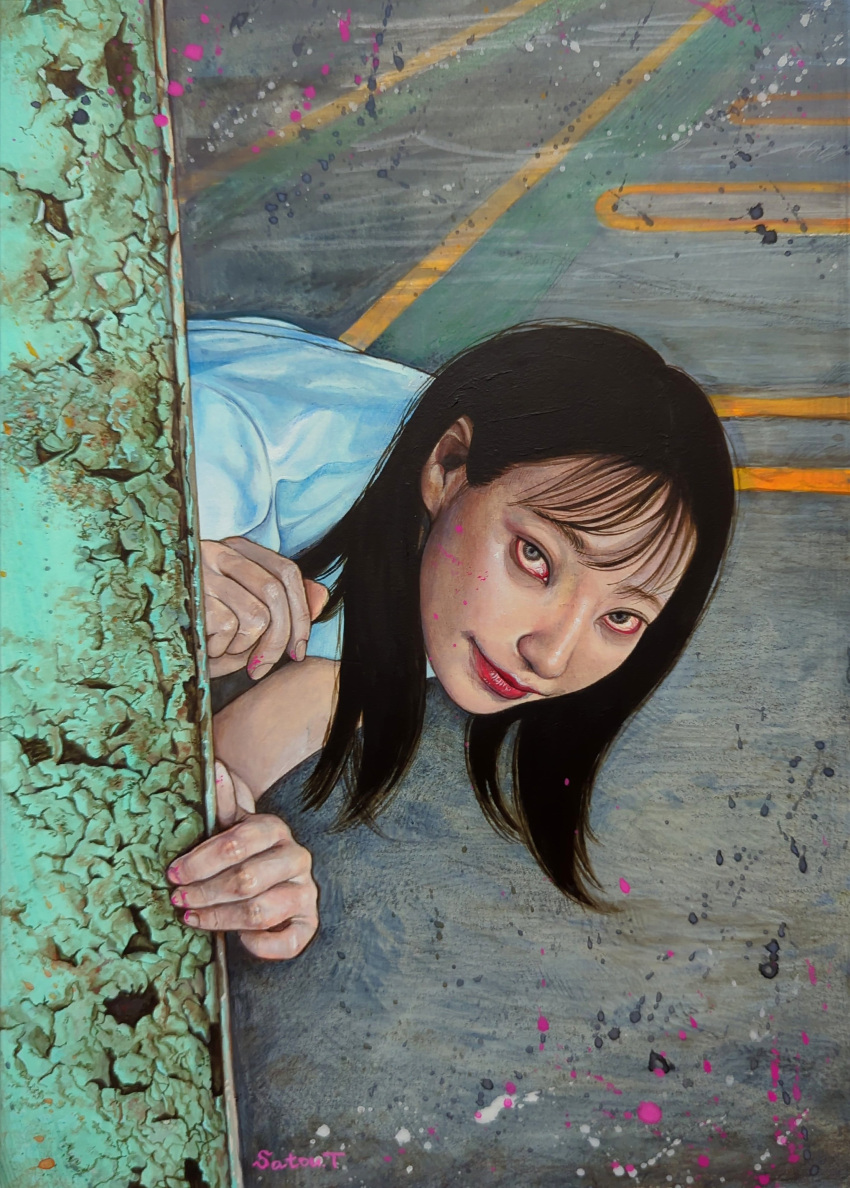 1girl, absurdres, artist_name, asian, black_hair, blue_shirt, commentary_request, concrete