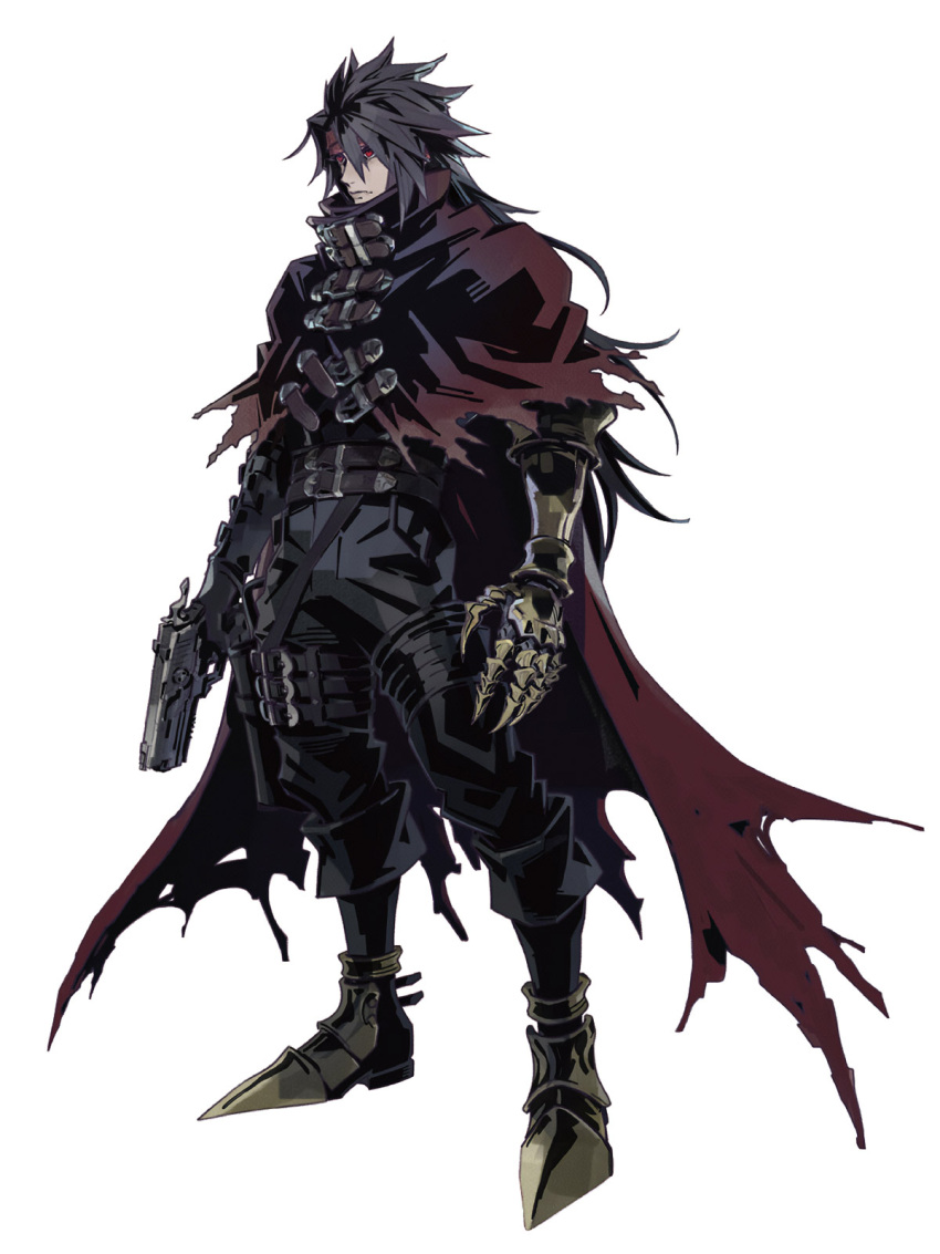 1boy, armor, asymmetrical_armor, belt, black_belt, black_gloves, black_hair, black_pants