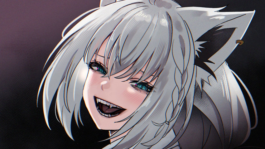 1girl, :d, ahoge, animal_ear_fluff, animal_ear_piercing, animal_ears, aqua_eyes, black_background