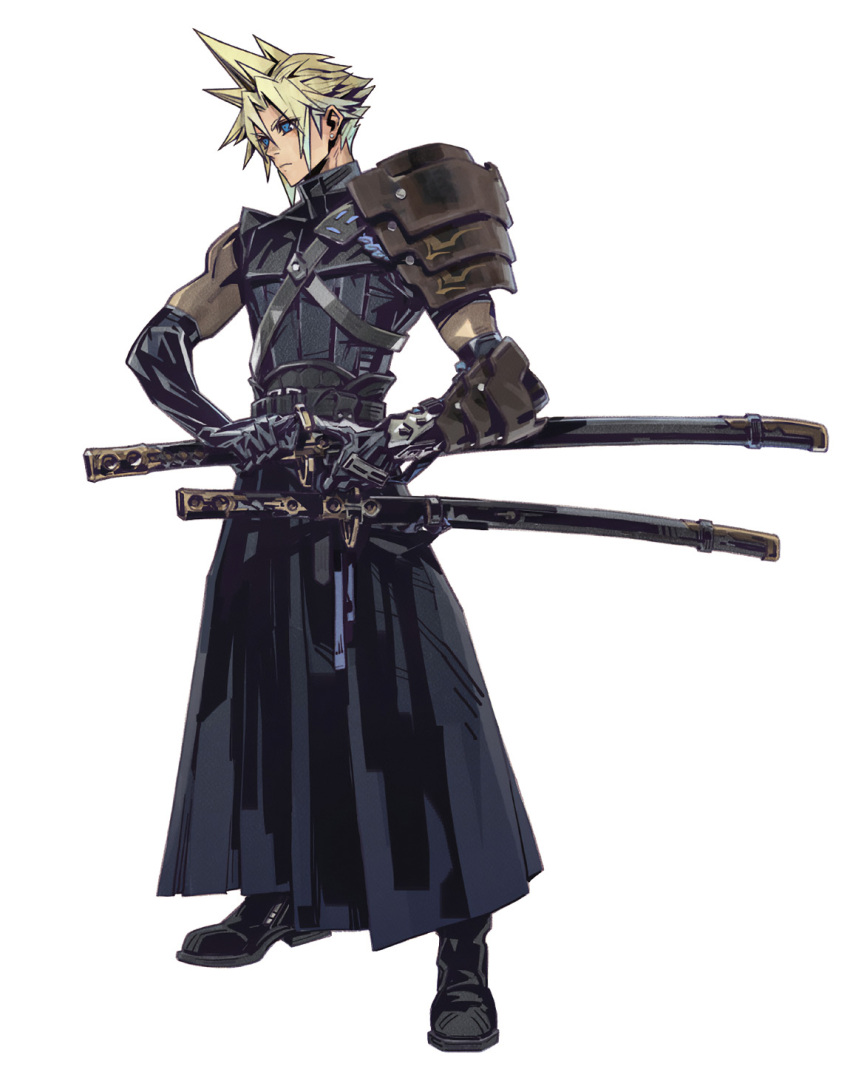 1boy, arm_armor, armor, black_footwear, black_gloves, black_hakama, black_shirt, blonde_hair