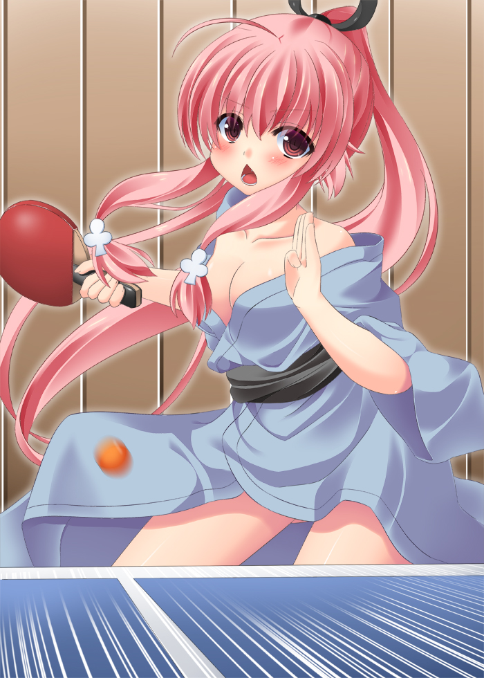 asa_no_ha, bare_shoulders, blush, japanese_clothes, kimono, long_hair, open_mouth, paddle