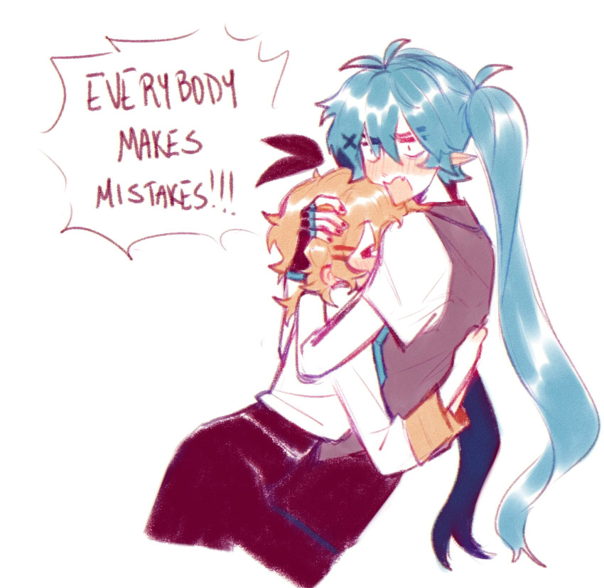 blue_hair, blush, bow, commentary, constricted_pupils, english_commentary, english_text, fang, fingerless_gloves, from_side, gloves, hair_bow, hair_ornament, hairclip, hatsune_miku, highres, hug, kagamine_rin, long_hair, long_sleeves, mikurinkuwu, nail_polish, nose_blush, open_mouth, pants, pointy_ears, short_sleeves, twintails, very_long_hair, vest, vocaloid, x_hair_ornament, yuri