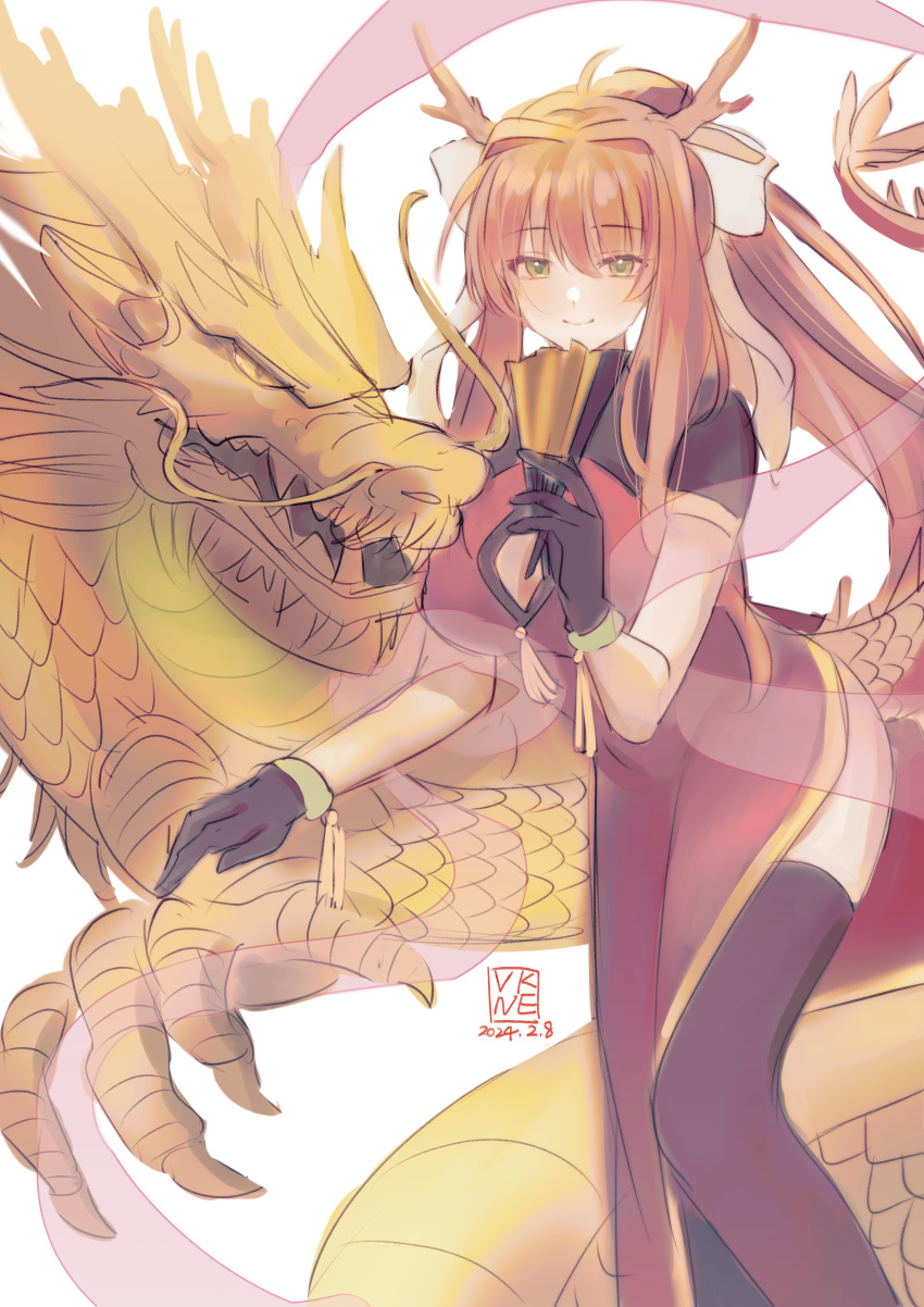 absurdres, animal_ears, black_footwear, black_gloves, brown_hair, chinese_new_year, doki_doki_literature_club, dragon