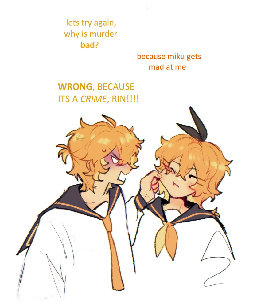 1boy, 1girl, blonde_hair, bow, cheek_pinching, commentary, cropped_torso, english_commentary