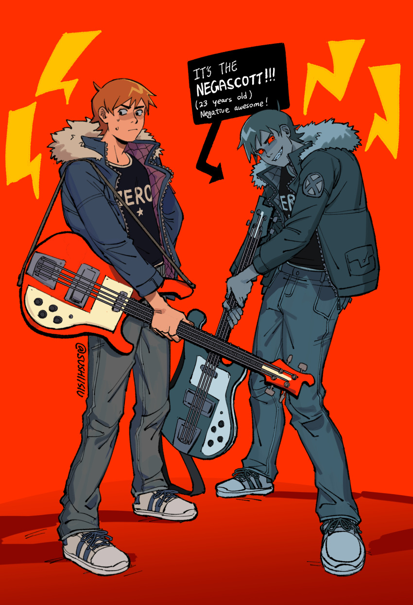 2boys, absurdres, ahoge, bass_guitar, chinese_commentary, commentary_request, dark_persona, denim