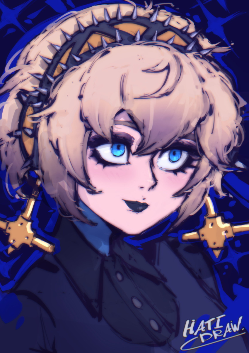 1girl, absurdres, aegis_(persona), android, artist_name, black_eyeshadow, black_lips, black_shirt