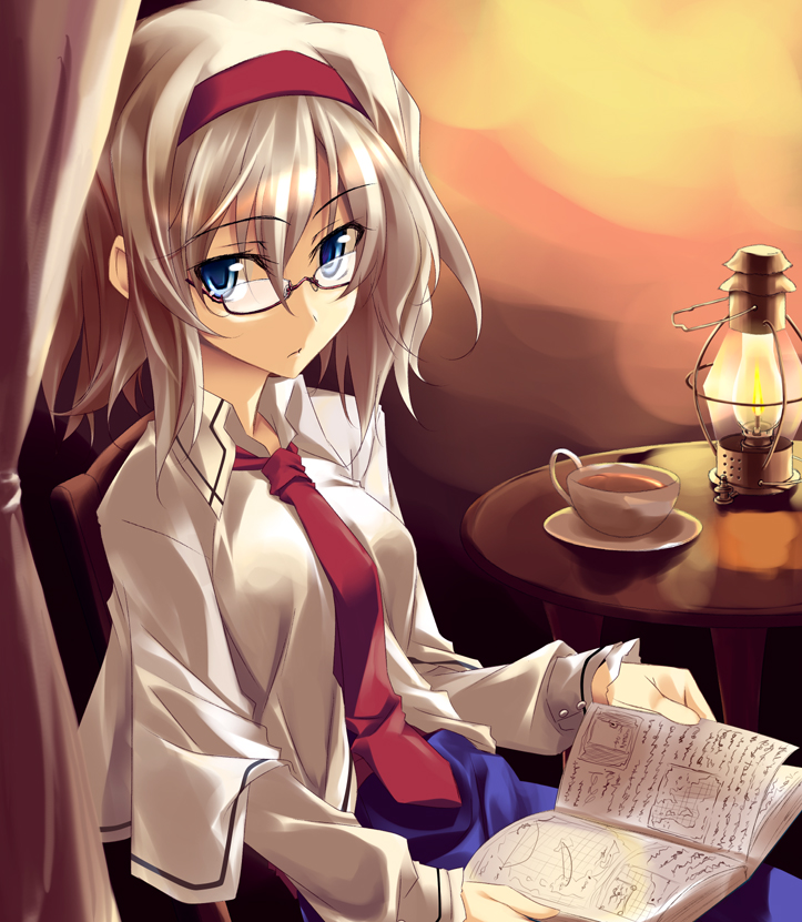 alice_margatroid, bespectacled, blonde_hair, blue_eyes, book, capelet, glasses, hairband