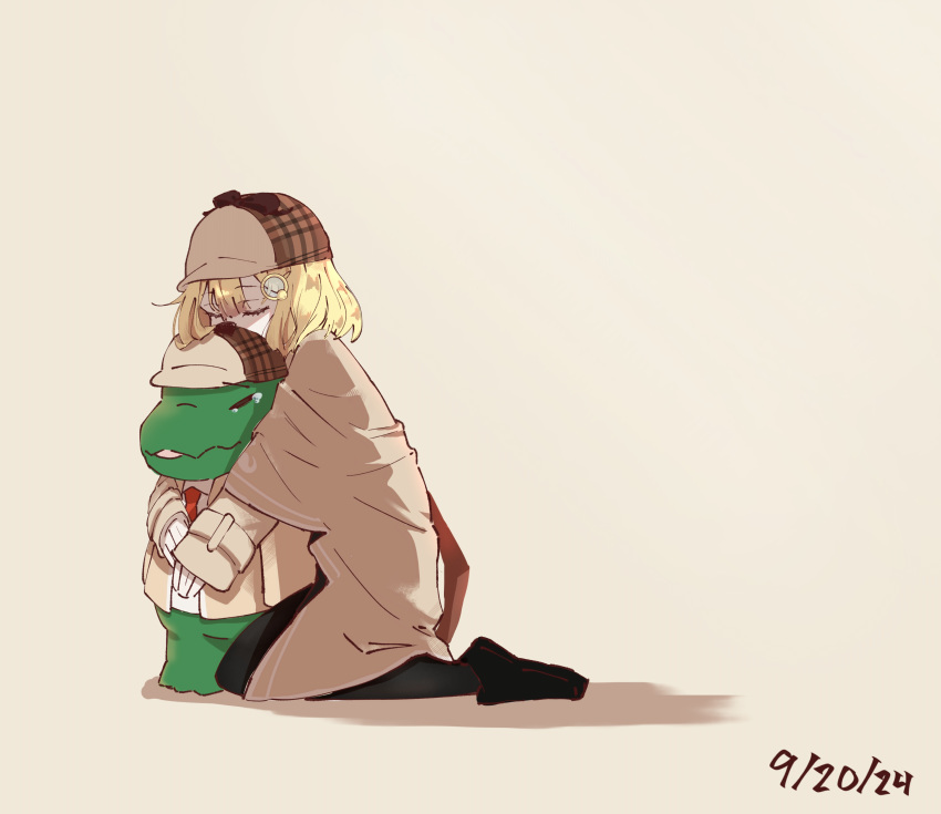 1girl, absurdres, alligator, animal_hug, black_footwear, black_pantyhose, blonde_hair, brown_background