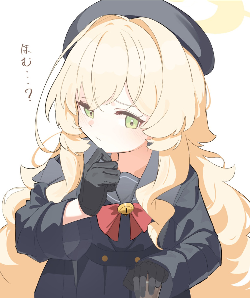 1girl, ahoge, beret, black_hat, black_sailor_collar, blonde_hair, blue_archive, blush