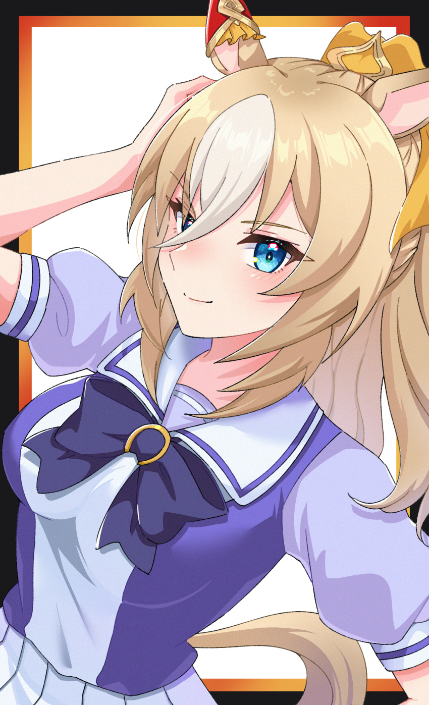 1girl, absurdres, animal_ears, blonde_hair, blue_eyes, blush, bow, bowtie, durandal_(umamusume), ear_covers, hair_between_eyes, highres, horse_ears, horse_girl, horse_tail, long_hair, looking_at_viewer, multicolored_hair, pleated_skirt, puffy_short_sleeves, puffy_sleeves, purple_bow, purple_bowtie, purple_shirt, ren-smk39110, sailor_collar, sailor_shirt, school_uniform, shirt, short_sleeves, single_ear_cover, skirt, smile, solo, tail, tracen_school_uniform, two-tone_hair, umamusume, white_hair, white_skirt