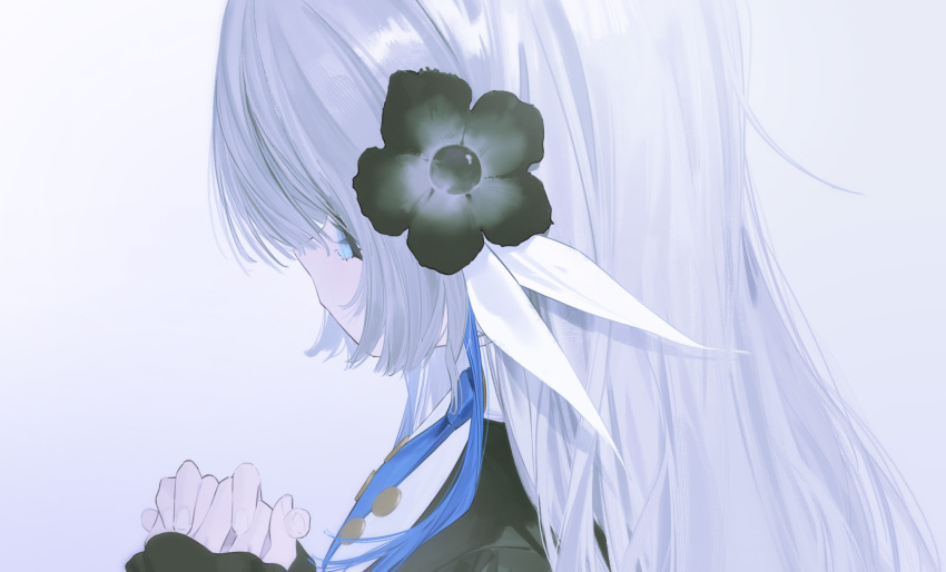 1girl, black_flower, black_jacket, blue_hair, flower, hair_flower, hair_ornament, highres