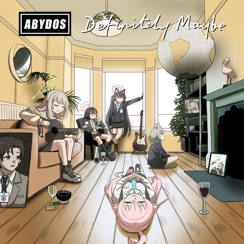 1boy, album_cover, ashtray, ayane_(blue_archive), black_hair, blue_archive, cat_girl, cover